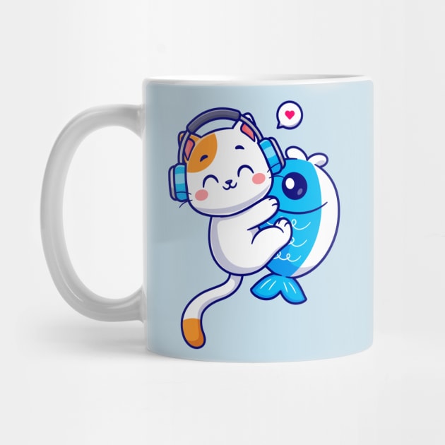 Cute Cat Hug Fish With Headphone Cartoon by Catalyst Labs